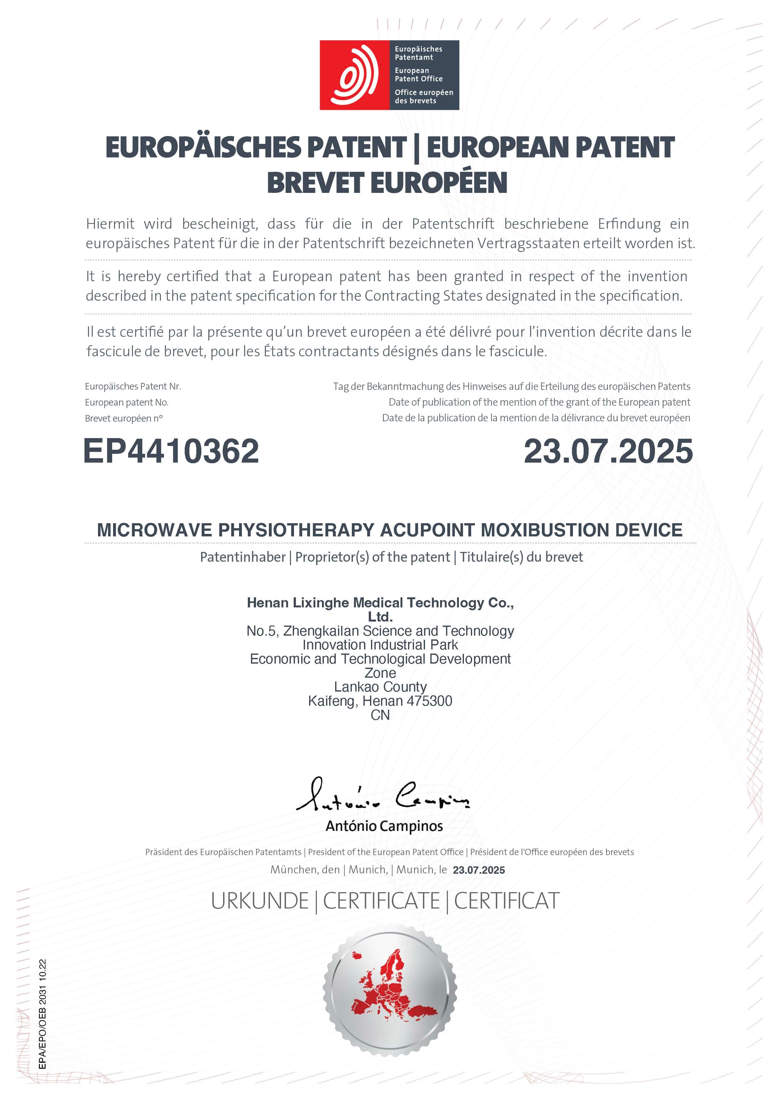 Patent certificate — Europe — Microwave Physio Therapy Acupoint Acupuncture Device