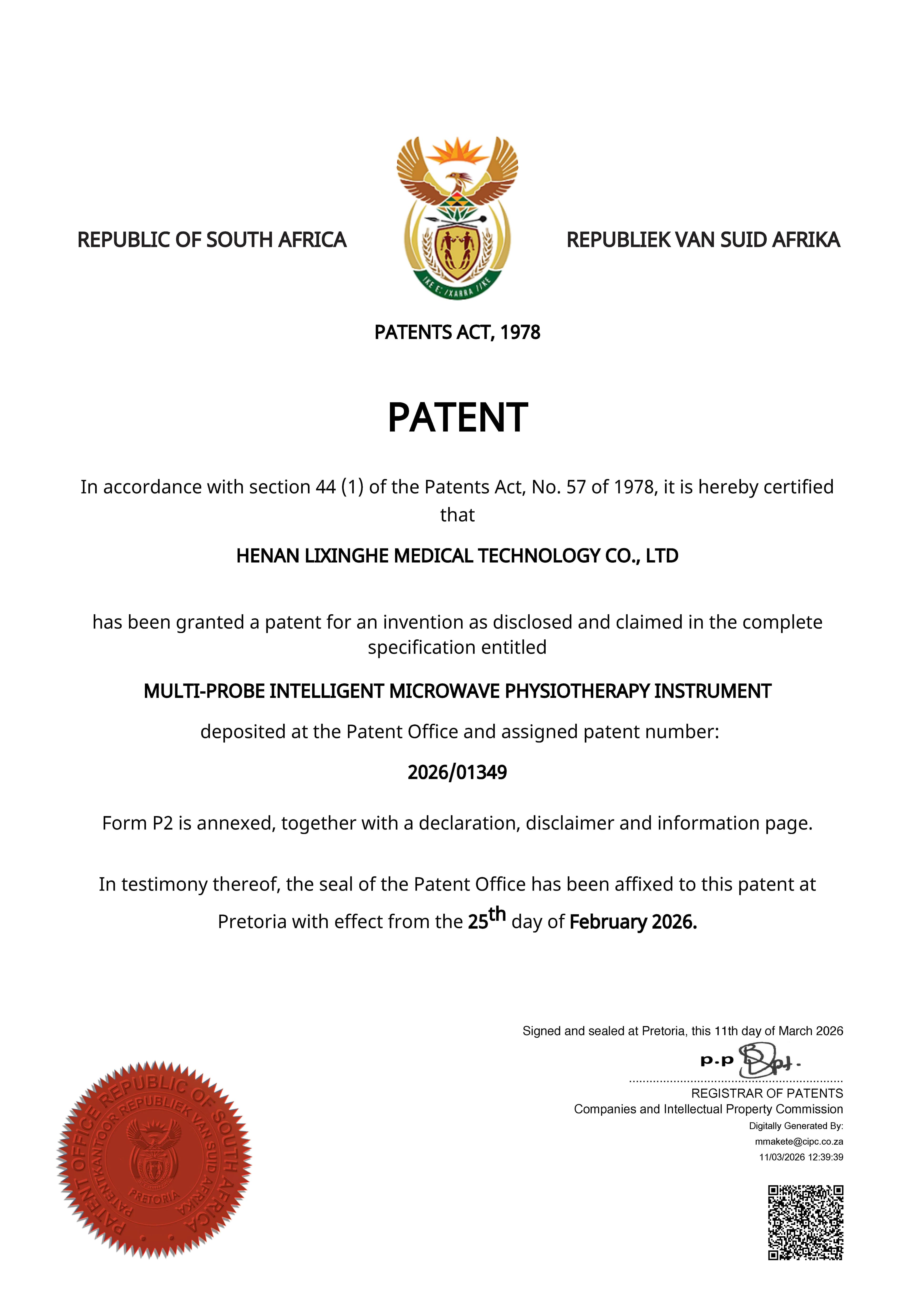 Patent certificate — South Africa — Multi-Probe Intelligent Microwave Physiotherapy Instrument